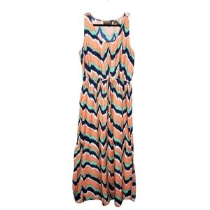 Speed Control Size L Sleeveless Blouson Maxi Dress Peach Blue Chevron Stripe